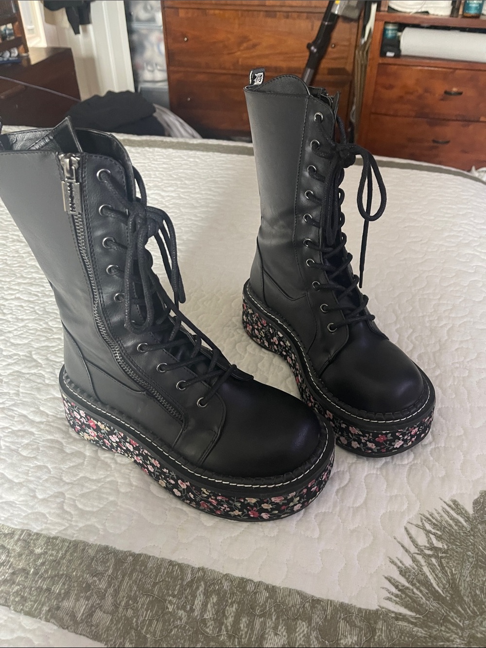 Demonia Black Platform Lace-Up Combat Boots with Pink Floral Sole